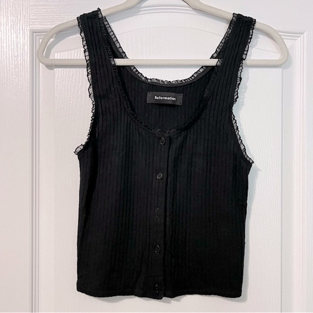 Reformation Black Ruffle Ribbed Cropped Tank Top